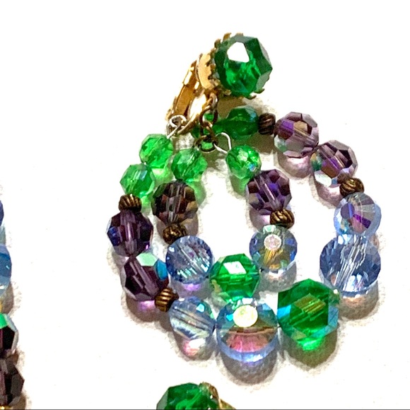 Vintage  Necklace & Earring Set Crystal Beads Green Blue Purple - Picture 7 of 8